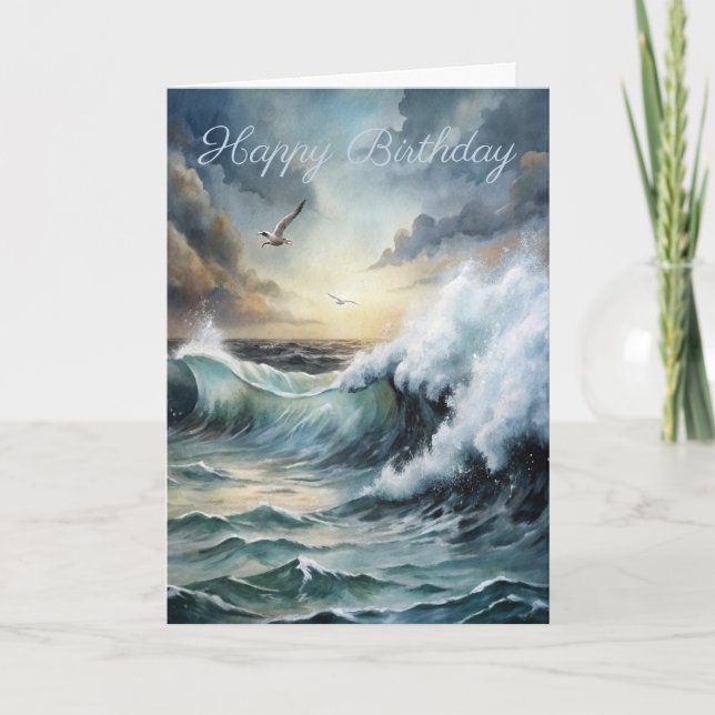 Fiskmås som flyger över Stormy Sea Birthday Card Kort (Framsida)