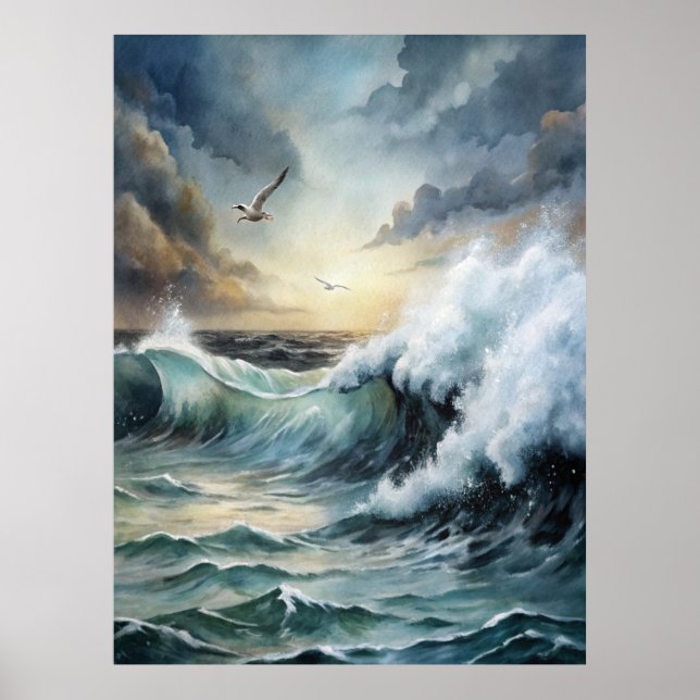 Fiskmås som flyger över Stormy Sea Poster (Framsidan)