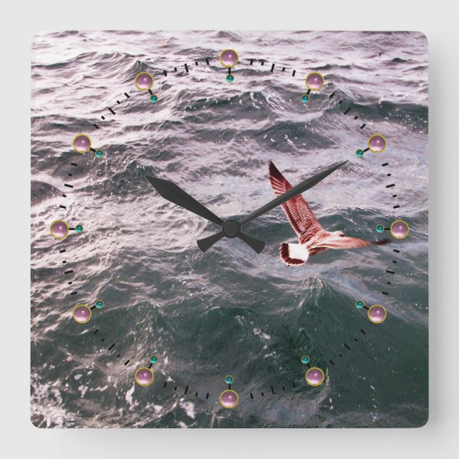 FISKMÅS SOM FLYTAR ÖVER HAVET VÅGAR, Rosa Gemstone Fyrkantig Klocka (Framsida)