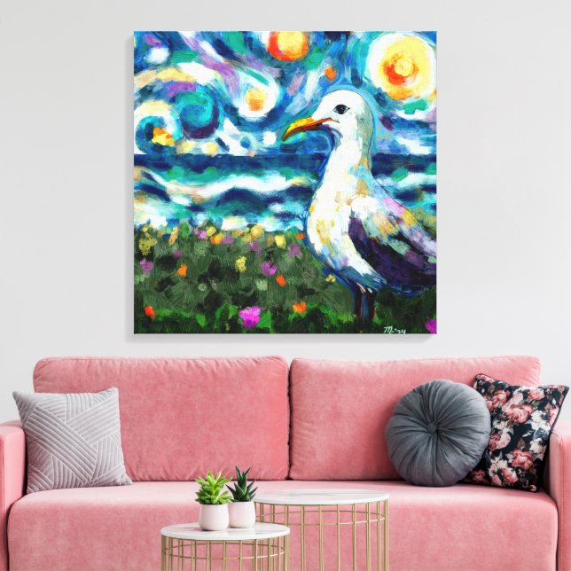Fiskmås Van Gogh Stil Beach Himmel Blue Teal Canvastryck (Insitu (Vardagsrum))