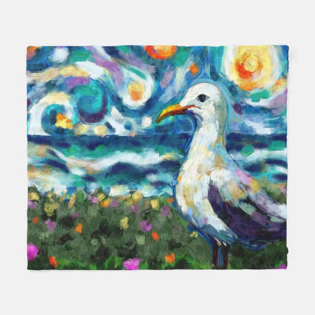 Fiskmås Van Gogh Stil Beach Himmel Blue Teal Fleecefilt (Framsidan (Horisontell))