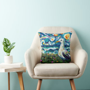 Fiskmås Van Gogh Stil Beach Himmel Blue Teal Kudde