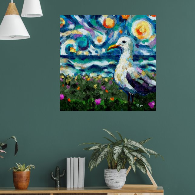 Fiskmås Van Gogh Stil Beach Himmel Blue Teal Poster (Vardagsrum 1)