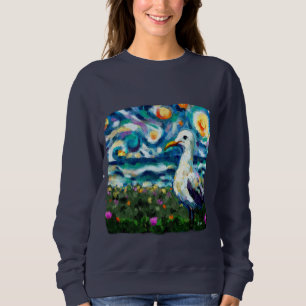 Fiskmås Van Gogh Stil Beach Himmel Blue Teal T Shirt