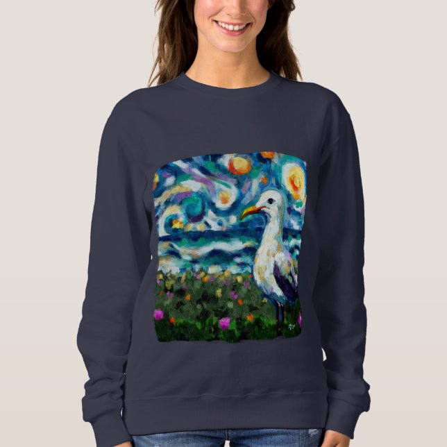 Fiskmås Van Gogh Stil Beach Himmel Blue Teal T Shirt (Framsida)