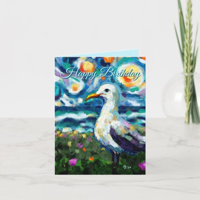 Fiskmås Van Gogh Stil Beach Himmel-födelsedagskort Anteckningskort (Framsida)