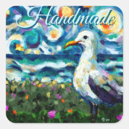 Fiskmås Van Gogh Stil Beach Himmel Handmade gjord Fyrkantigt Klistermärke