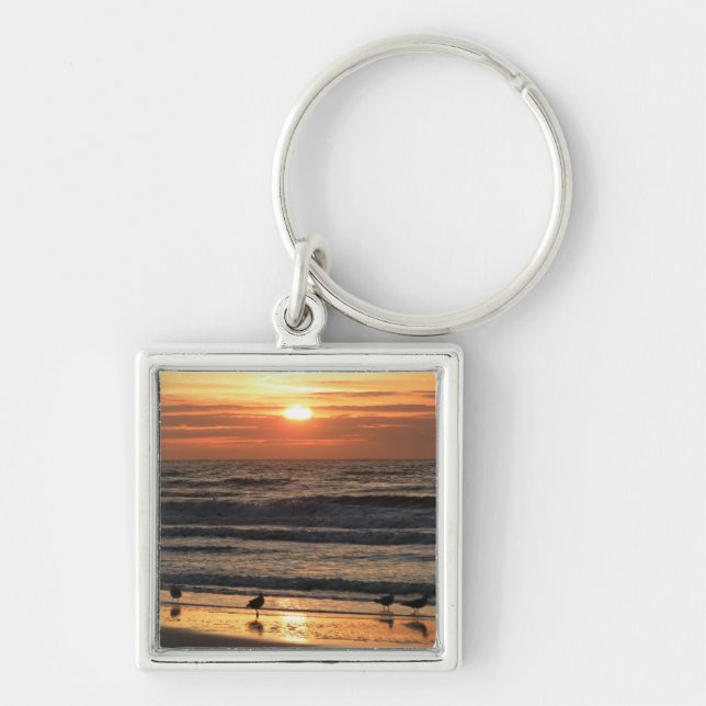 Fiskmås vid oceanen vid Sunset Fyrkantig Silverfärgad Nyckelring (Framsidan)