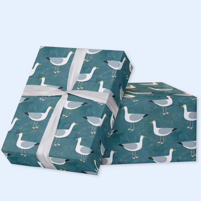 Fiskmåsar Nautical Presentpapper (Fun seagull nautical gift wrapping paper)