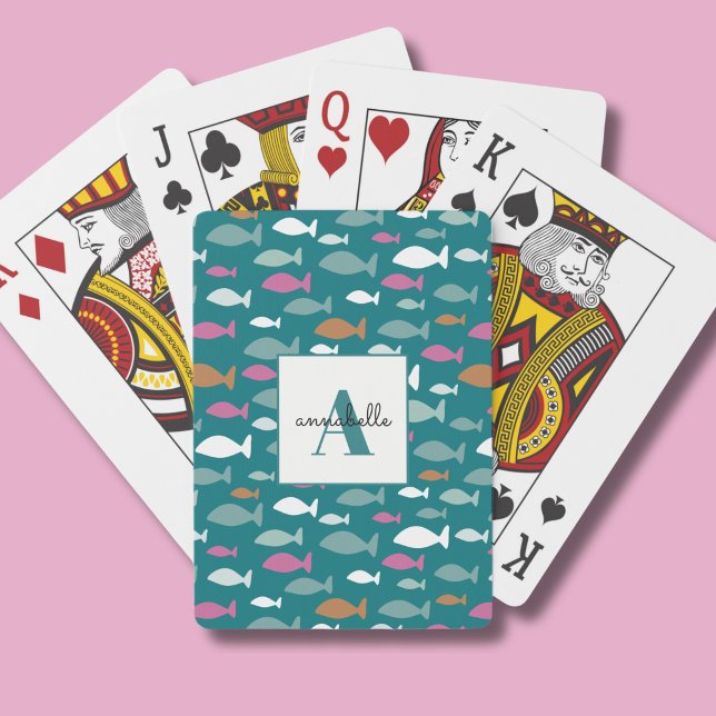 Fiskmönster monogram casinokort (Fish pattern personalized playing cards.)