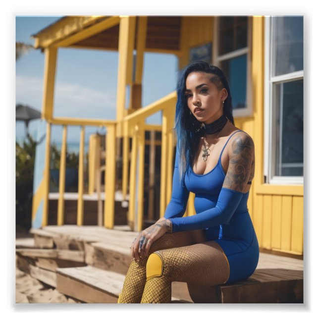 Fisknät Babe Sitta på Gult House Porch Fototryck (Framsidan)