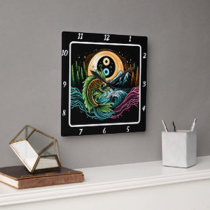 Fiskövergånghet i Neon Radiant Koi Guld Fyrkantig Klocka