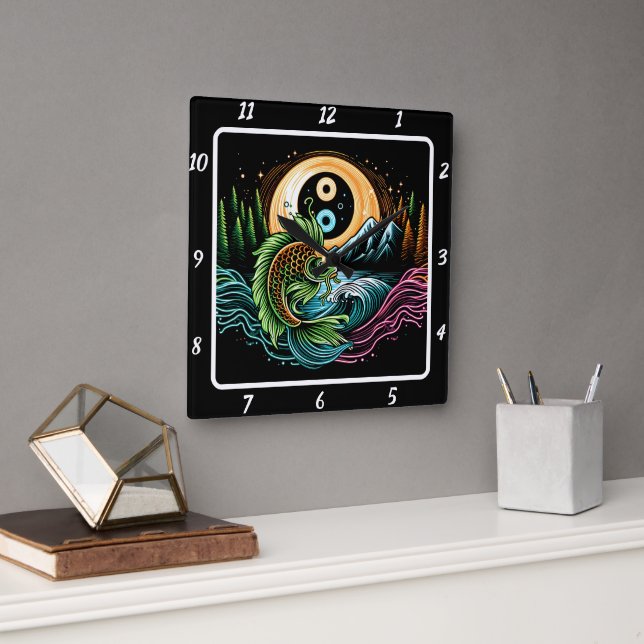 Fiskövergånghet i Neon Radiant Koi Guld Fyrkantig Klocka (Kontor)