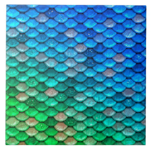 Fiskskalor i Iridescent Blue Grönt Glitter Sjöju Kakelplatta