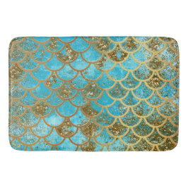 Fiskskalor i Iridescent Teal Guld Glitter Sjöjungf Badrumsmatta
