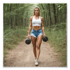 Fitness Girl Carrying Weights in Forest Fototryck
