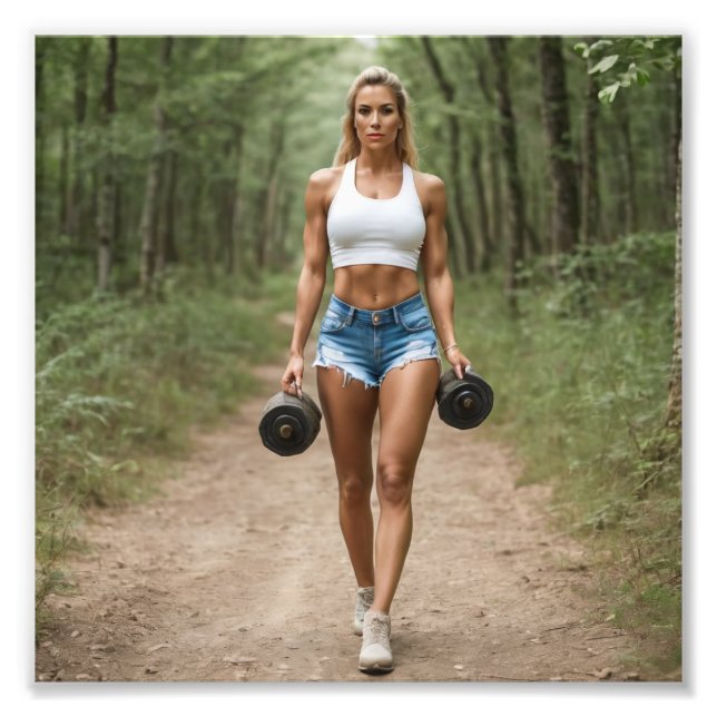 Fitness Girl Carrying Weights in Forest Fototryck (Framsidan)