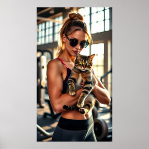 Fitness Girl&Cat in Gym. Kvinnlig arbetsgruppsröre Poster
