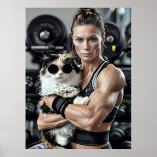 Fitness Girl&Cat in Gym. Kvinnlig arbetsgruppsröre Poster