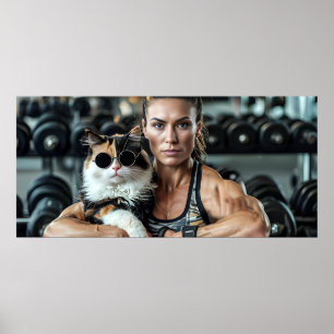 Fitness Girl&Cat in Gym. Kvinnlig arbetsgruppsröre Poster