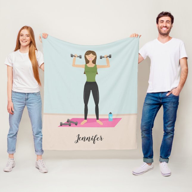 Fitness Girl Illustration Weight Lyfts & Namn Fleecefilt (På plats)