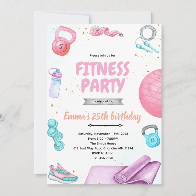Fitness gymnastic party theme invitation inbjudningar (Framsida)