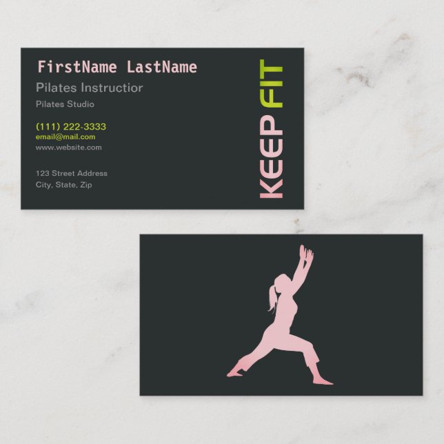 Fitness Pilates-instruktör på vit visitkort (Fram/baksida)