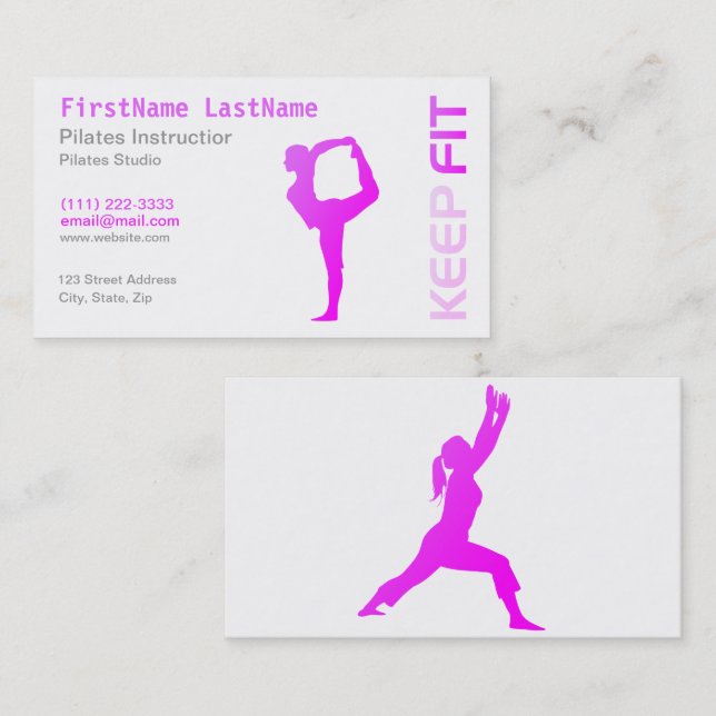 Fitness Pilates-instruktör på vit visitkort (Fram/baksida)