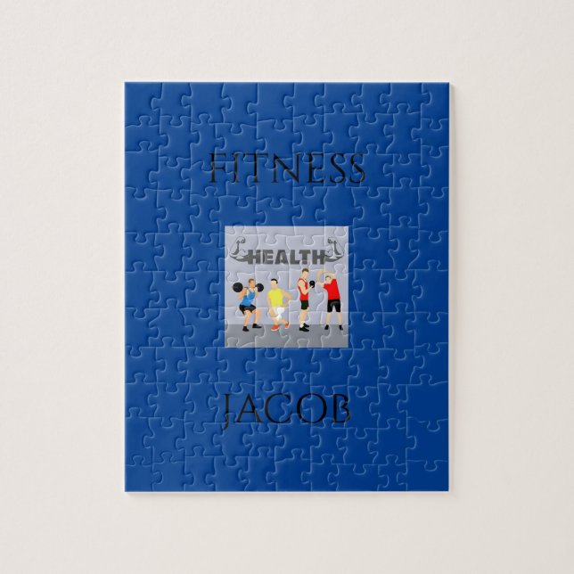 Fitness pussel i blått med eget namn. (Vertikal)