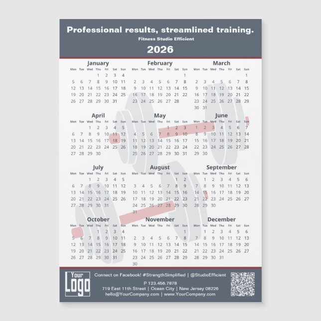 Fitness Slogan Grey White Red 2026 Calendar Magnet (Framsida)