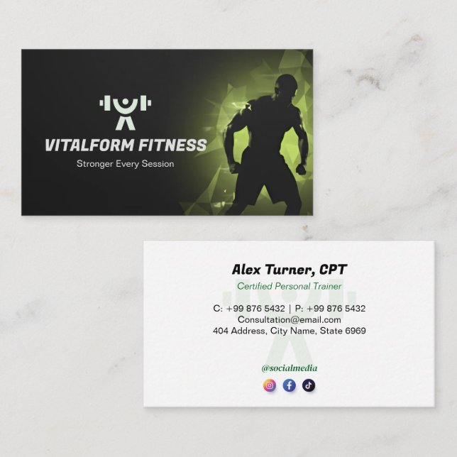Fitness Trainer Business | Black Muscle Visitkort (Fram/baksida)