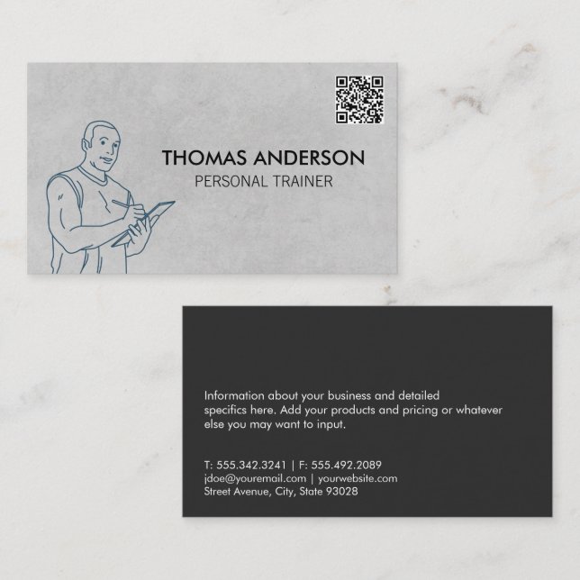 Fitness Trainer Holding Clipboard | QR-kod Visitkort (Fram/baksida)