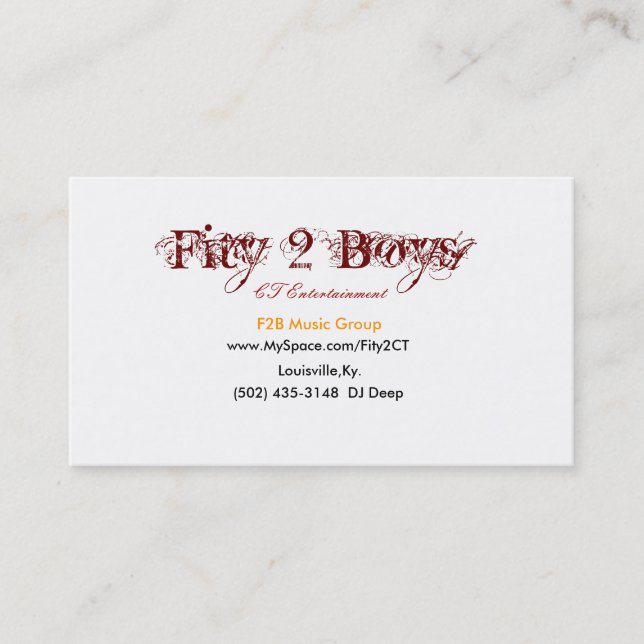Fity 2 pojkar, www.MySpace.com/Fity2CT, (502) 435… Visitkort (Framsida)