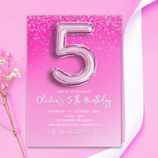 Five and Fabulous Pink Glitter Birthday Girl Inbjudningar (Skapare uppladdad)