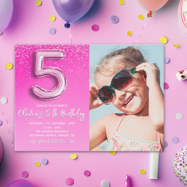 "Five and Fabulous Pink Glitter Birthday Photo Inbjudningar (Skapare uppladdad)