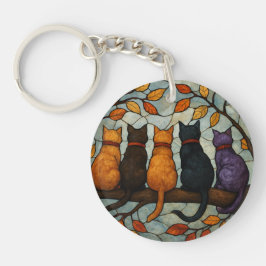 Five Cats on a Tree Branch Stained Glass Style