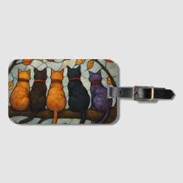 Five Cats on a Tree Branch Stained Glass Style Bagagebricka