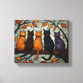 Five Cats on a Tree Branch Stained Glass Style Canvastryck