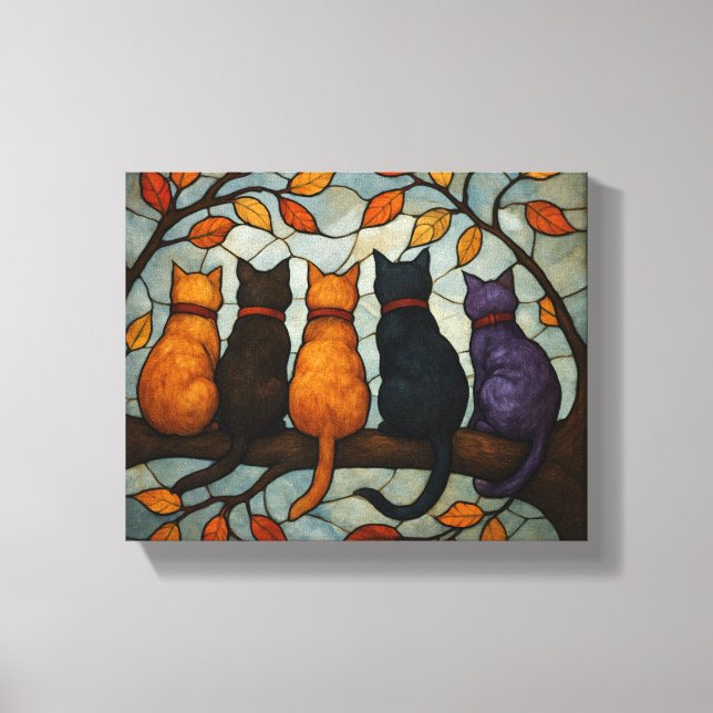 Five Cats on a Tree Branch Stained Glass Style Canvastryck (Framsida)