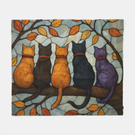 Five Cats on a Tree Branch Stained Glass Style Fleecefilt