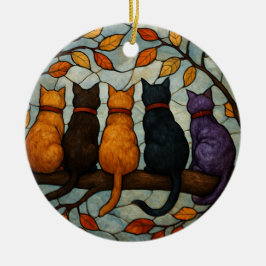 Five Cats on a Tree Branch Stained Glass Style Julgransprydnad Keramik