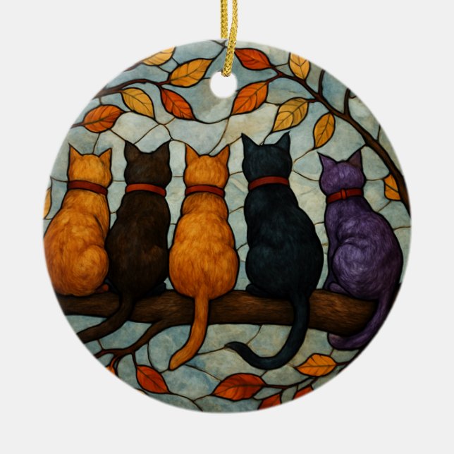 Five Cats on a Tree Branch Stained Glass Style Julgransprydnad Keramik (Framsidan)