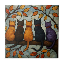 Five Cats on a Tree Branch Stained Glass Style Kakelplatta
