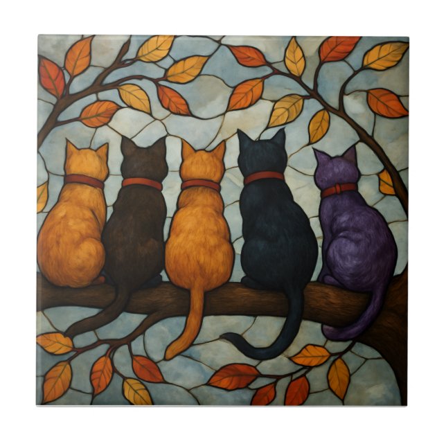 Five Cats on a Tree Branch Stained Glass Style Kakelplatta (Framsidan)