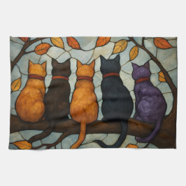 Five Cats on a Tree Branch Stained Glass Style Kökshandduk