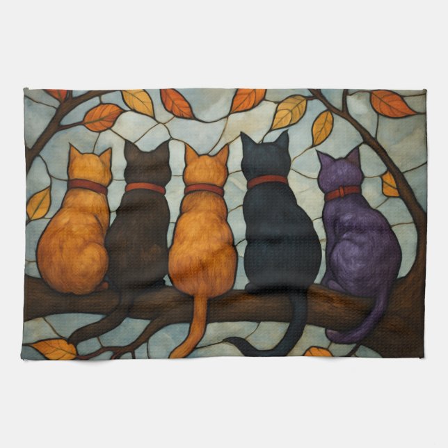 Five Cats on a Tree Branch Stained Glass Style Kökshandduk (Horisontell)