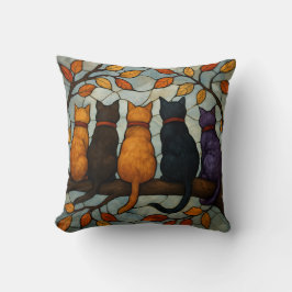 Five Cats on a Tree Branch Stained Glass Style Kudde