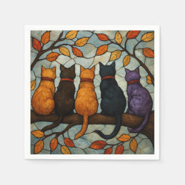 Five Cats on a Tree Branch Stained Glass Style Pappersservett