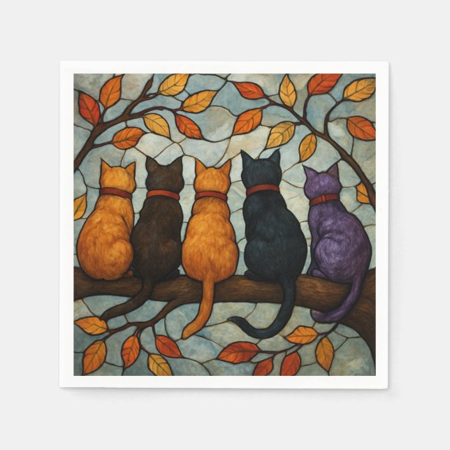 Five Cats on a Tree Branch Stained Glass Style Pappersservett (Framsidan)