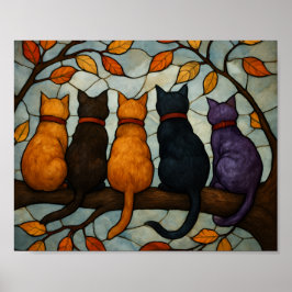 Five Cats on a Tree Branch Stained Glass Style Poster